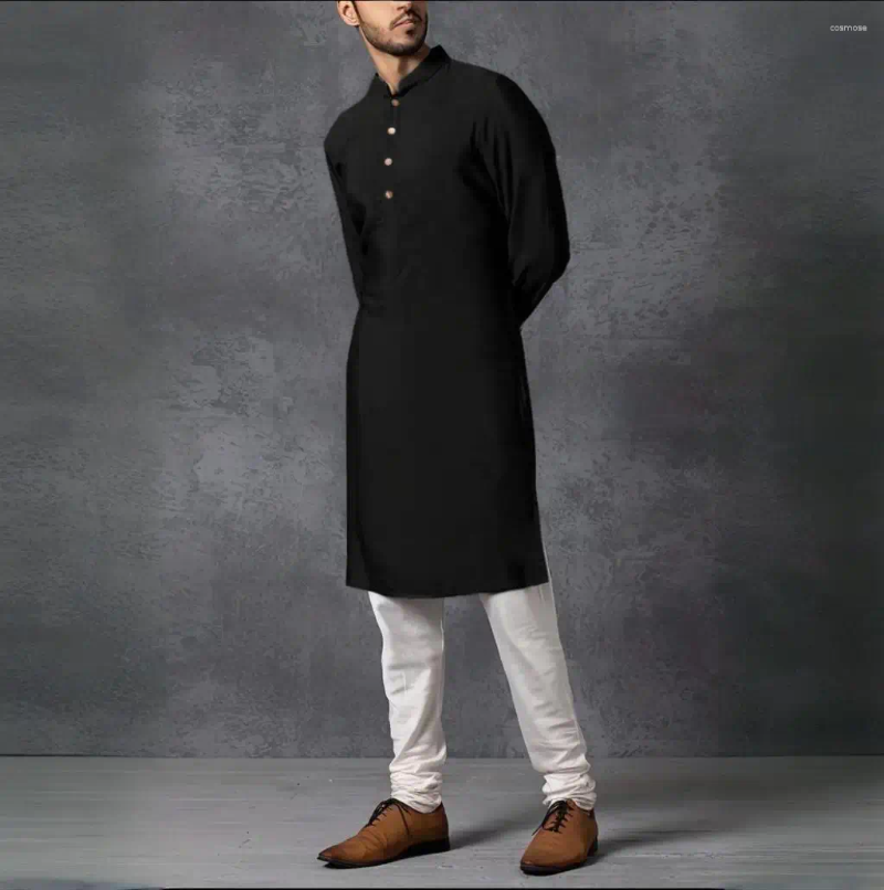 Ethnic Clothing Men's Stand-up Collar Black Muslim Robe Mid-length Personality Casual Fashion Solid Color Shirt Traditional