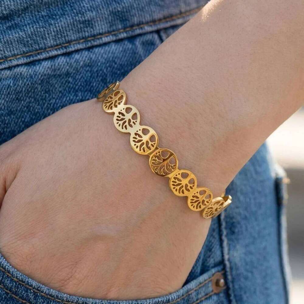 Stainless Steel Tree of Life 162 Bangle Bracelet Golden Plated Adjustable Open Cuff Jewelry Hypoallergenic Gift for Her Women XJ260127
