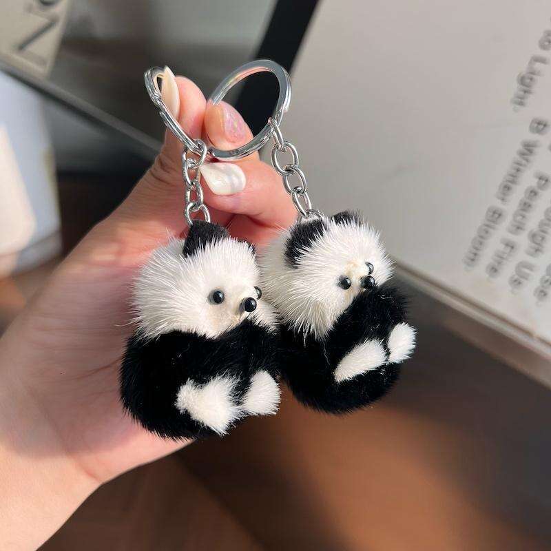 Wholesale Real Mink Fur Little Car Keychain Cute Plush Doll Bag Panda Small Pendant S260126