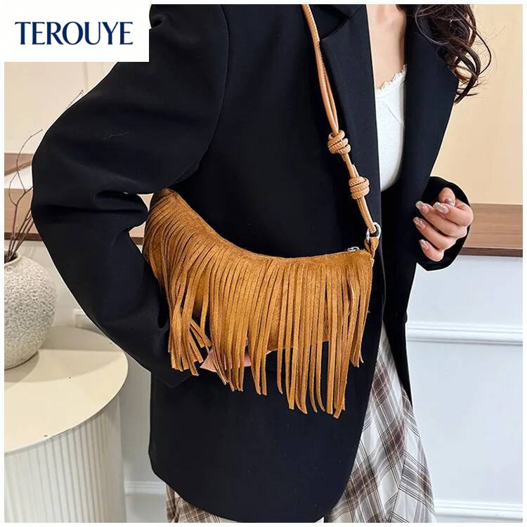 TEROUYE Korean retro style suede armpit bag autumn and winter new collection tassel elegant luxury bag trend versatile women's shoulder bag fashi