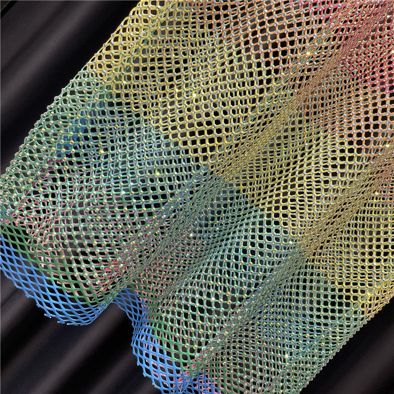 Stage Wear Women's Rhinestone Rainbow Hollow Out Mesh Vest Spring Summer Sheer See Through Casual Top