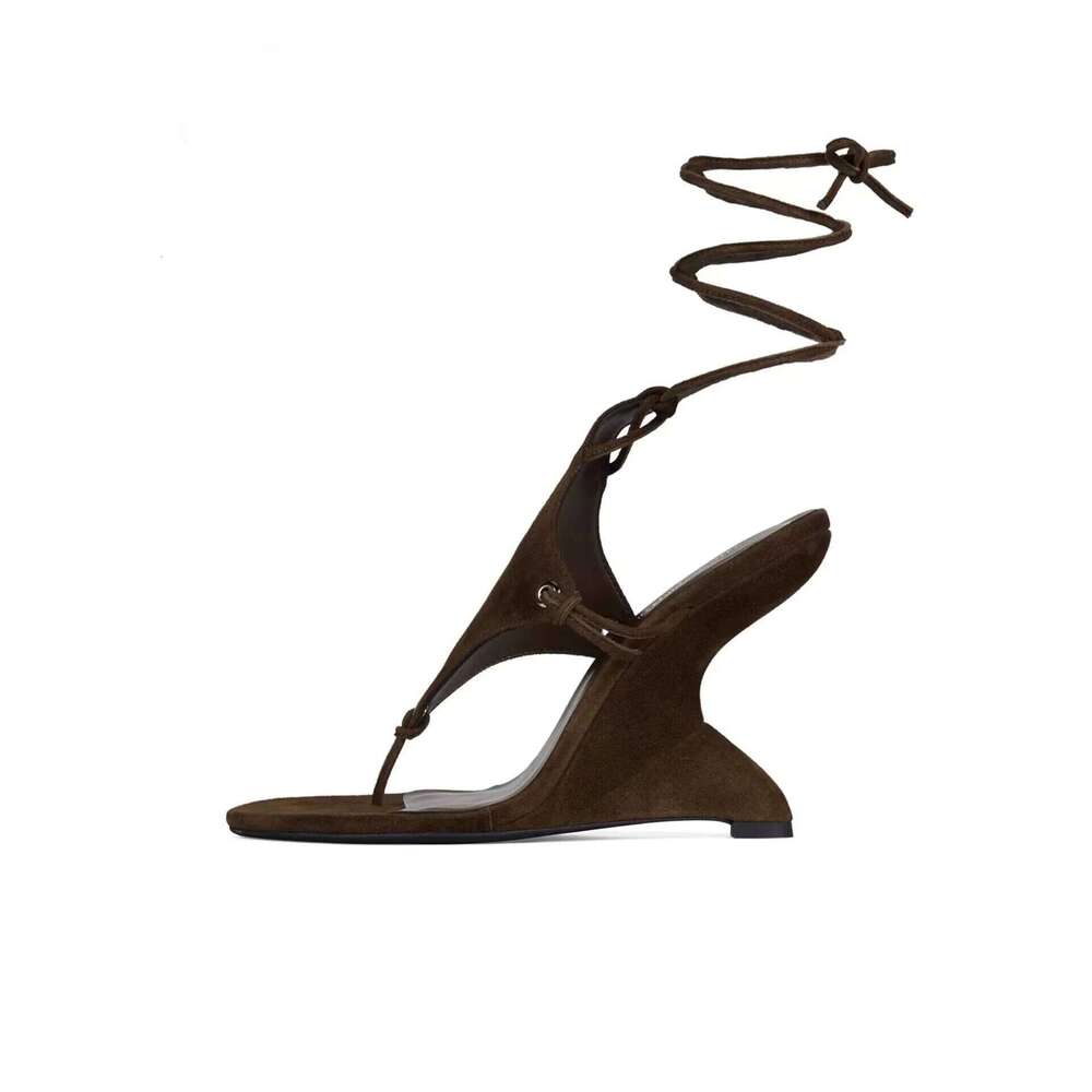 Women 2026 Brown Suede Wedges Heeled Lace Up Sandals Black 10Cm High Heels Women's Summer New Luxury Party Shoes