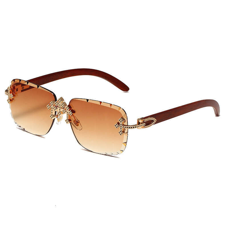 Sunglasses Cross Diamond Accented Rimless Metal Frame with Starry Sky Design and Wood Grain Temples for Driving and Vacation High Quality Texture