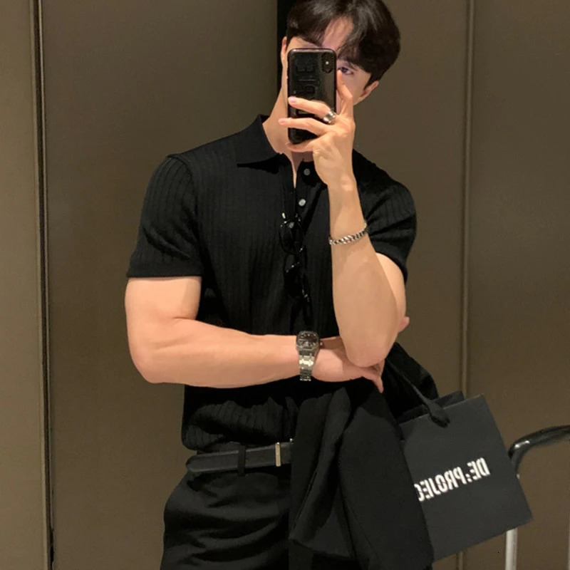 Summer Mens Clothing Retro Knit Lapel Striped Polo Shirt Solid Color Short Sleeve Fashion Light Knitwear M3XL 260127