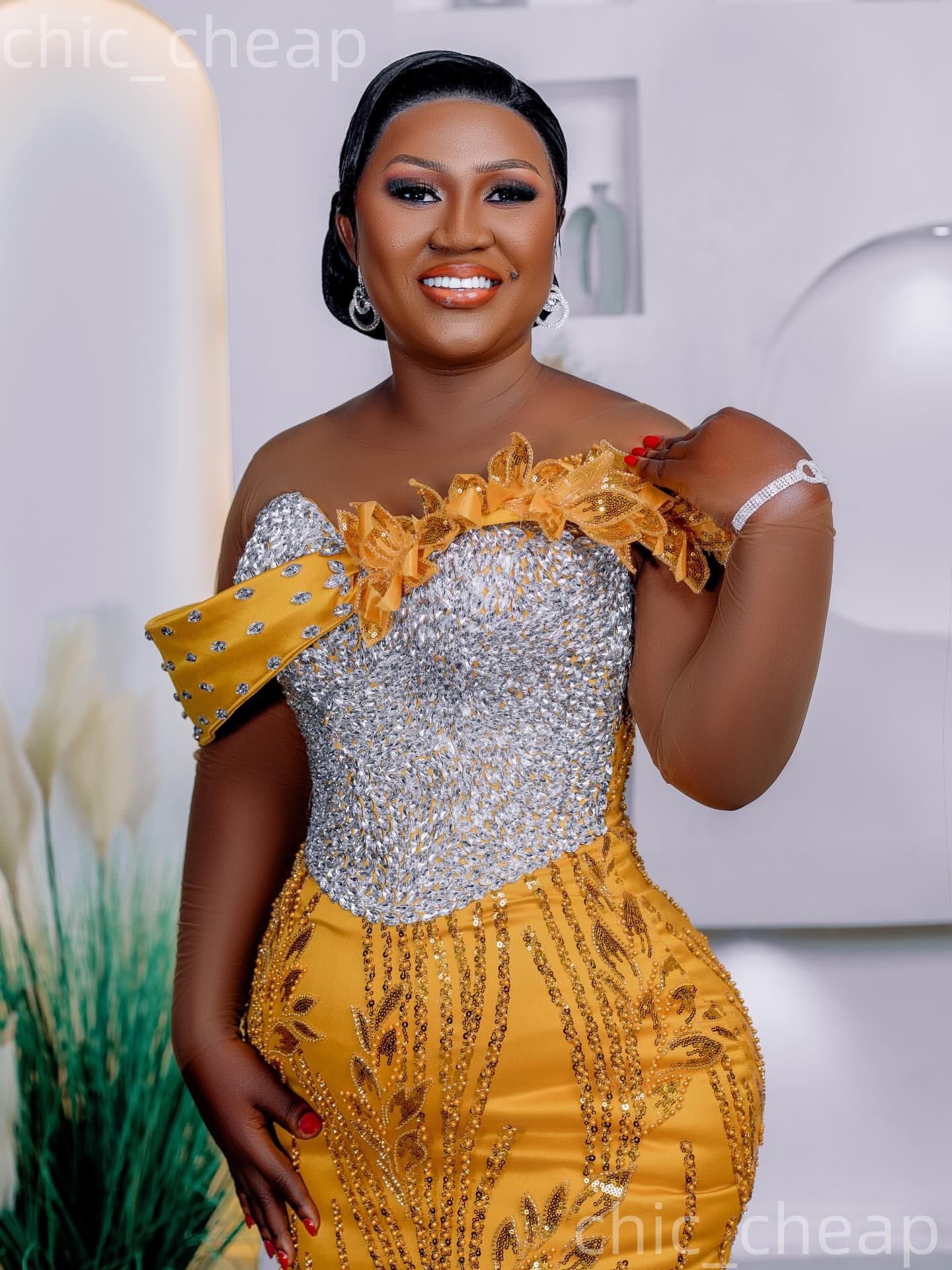 Aso Ebi Gold Mermaid Prom Dresses 2026 Crystals Flowers Long Sleeves Sequined Evening Formal Party Second Birthday Engagement Gowns Dress For Special 