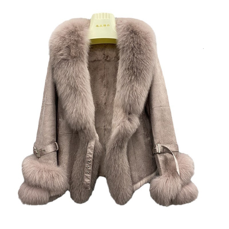 Haining fur coat rabbit fur integrated composite slim fit short large fox fur collar small fur coat 201212