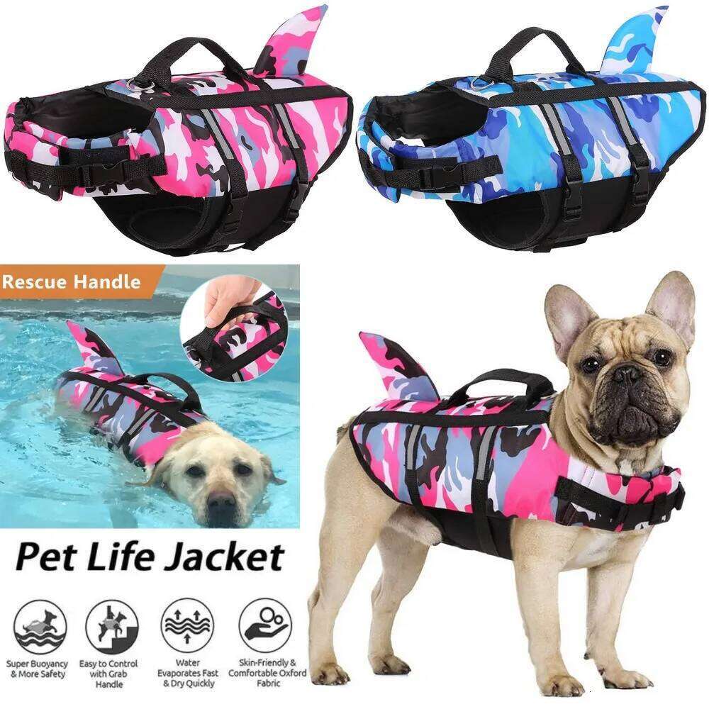 Jacket Life Vest Collar Harness Pet Dog Swimming Summer Swimwear Clothes Camouflage Shark Blue Fuchsia XJ260127
