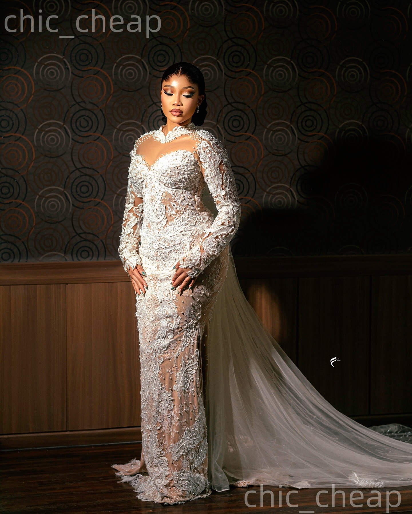 African Aso Ebi 2026 Ivory Mermaid Wedding Dress Pearls Illusion Lace Full Sleeves Sheer Neck Vintage Bridal Gowns Dresses ZJ234