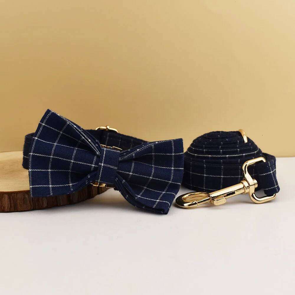 Plaid Collar Designer With Bow Tie Custom Dog Accessories Luxury Pet collar leash set
