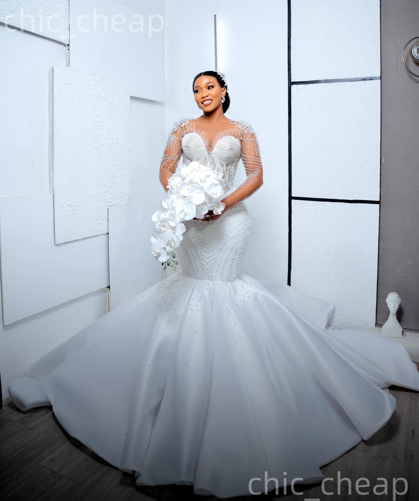 African Aso Ebi 2026 Ivory Mermaid Wedding Dress Full Sleeves Beaded Crystals Sequined Satin Detachable Train Bridal Gowns Dresses ZJ234