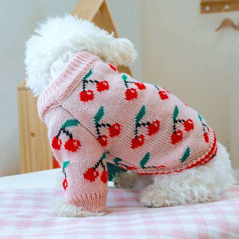 1Pc Pet Clothes Dog Cat Thickened Warm Winter Autumn Pink Cherry Elastic Jumper Knitted Sweater