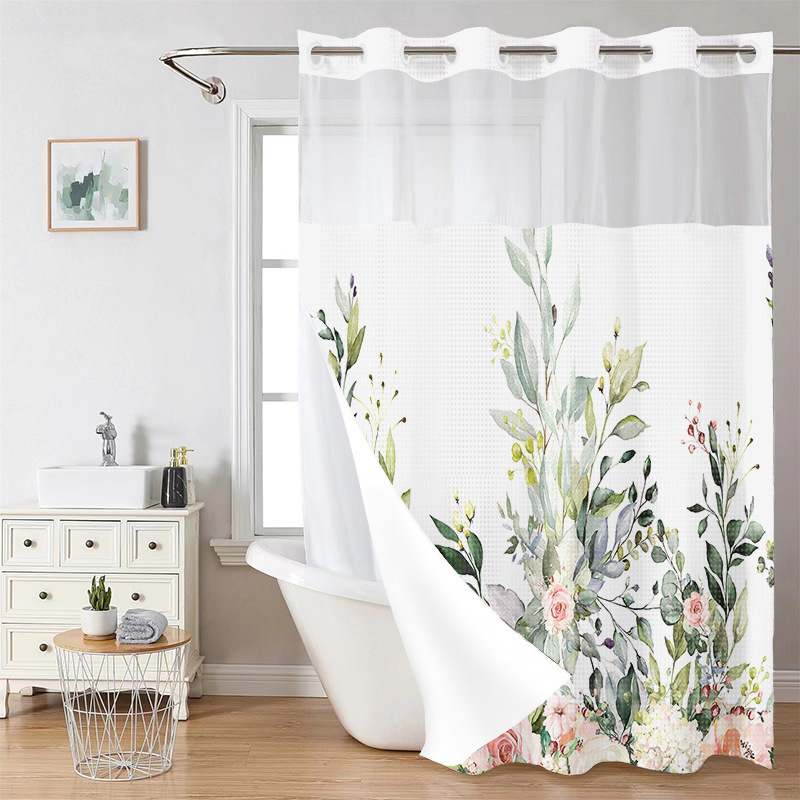 YL-38228 Digital Printed Double-Layer Large Ring Polyester Shower Curtain - Waterproof and Mildew-Proof, Floral Pattern Bathroom Curtain