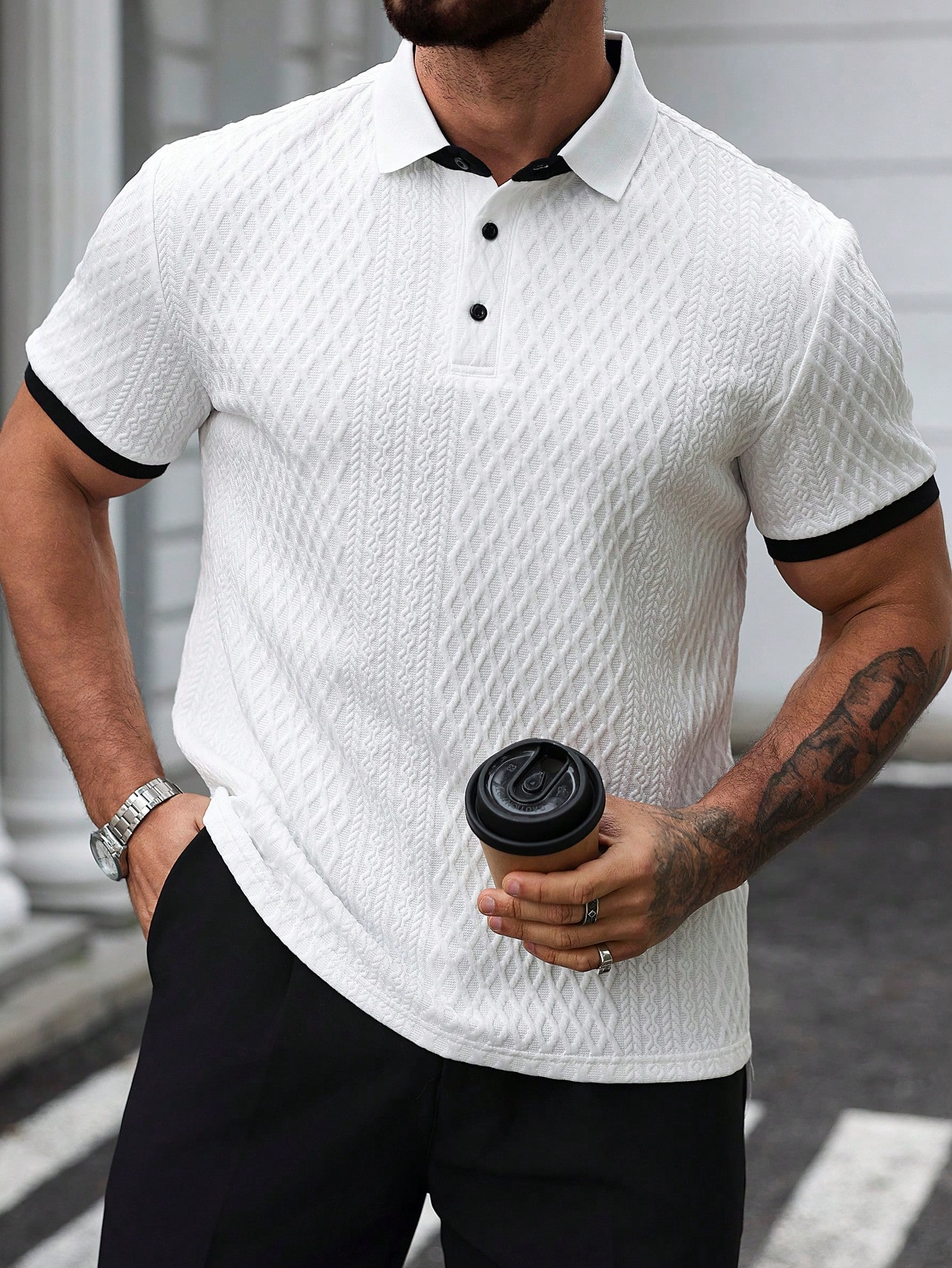 2026 Summer New Men's Simple Color Block Polo Shirt Button Down Collar Knitted Fabric Short Sleeve Top Apricot and White