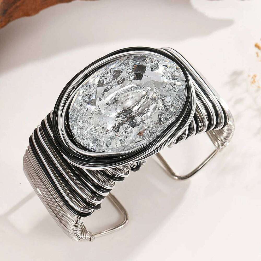 New Trendy Fashion Handmade Crystal Large Gems Aluminum Wire Wrapped Open Wide Bracelet Bangle For Women Party Accessories XJ260127