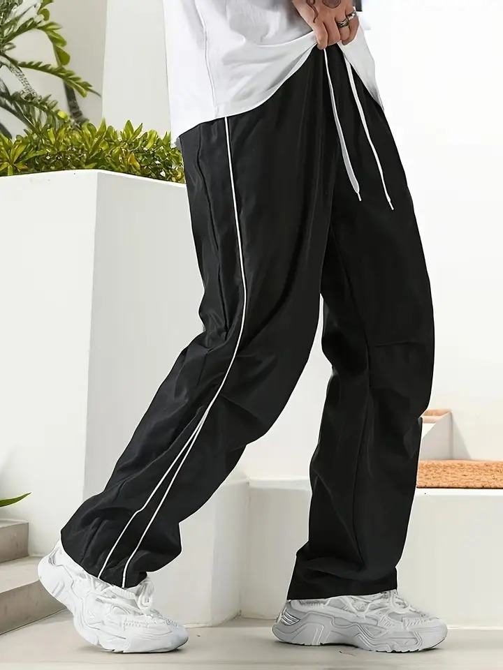 Mens Regular Plain Sports Straight Pants with Drawstrings and Elastic Waistband Reflective Webbing Suitable for Daily Leisure Street Basketball Fitnes