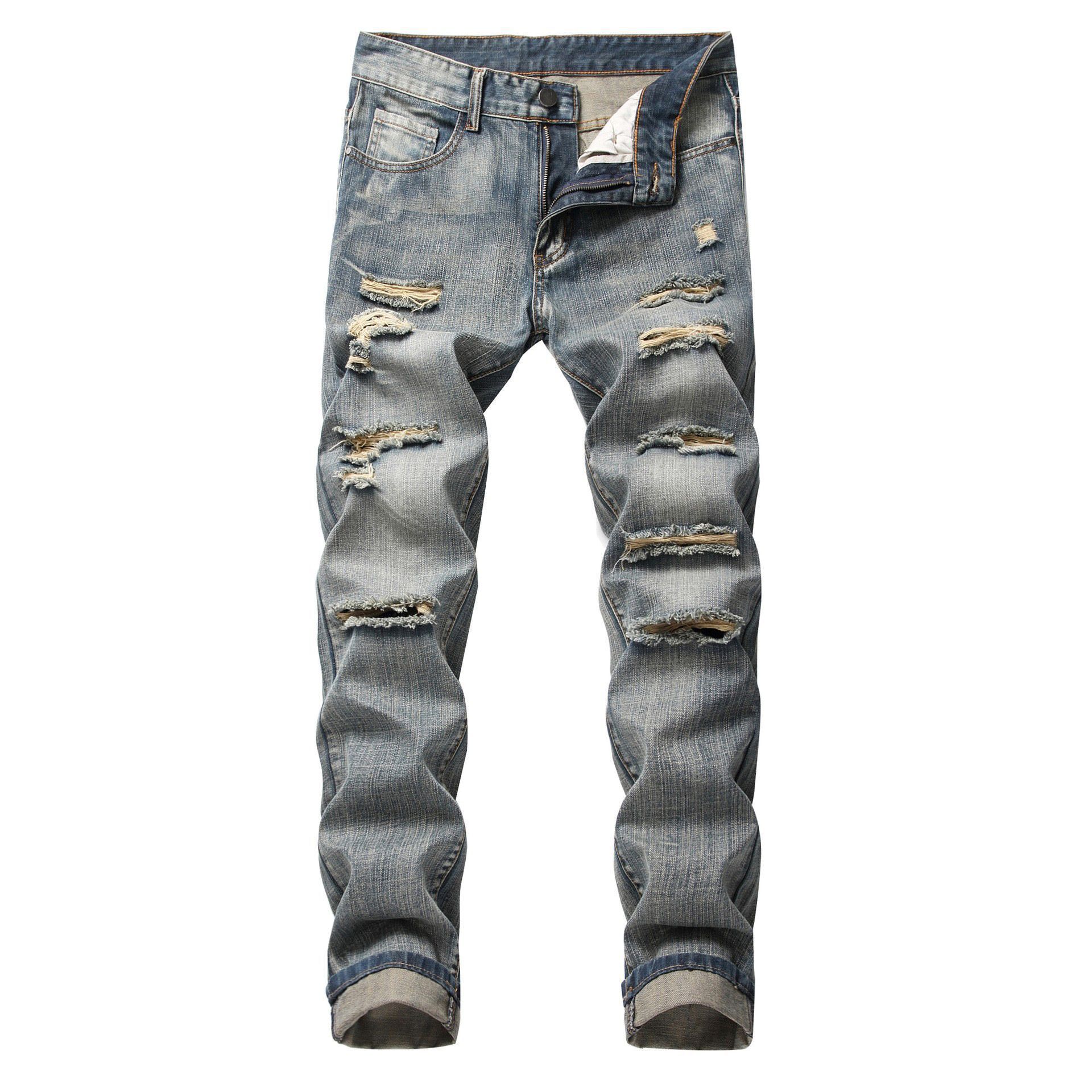 Mens Ripped Straight Slim Fit Non-Stretch Jeans Distressed Mens Long Pants NK358