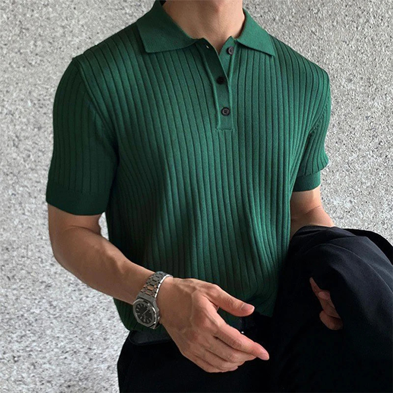 Summer Mens Clothing Retro Knit Lapel Striped Polo Shirt Solid Color Short Sleeve Fashion Light Knitwear M3XL 260127