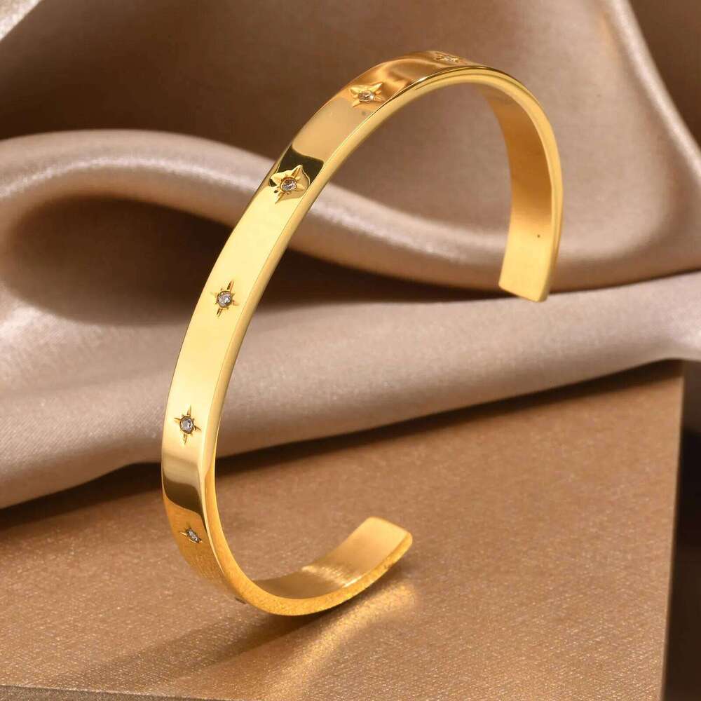 Open Adjustable Star Starburst Cuff Bangle Bracelet for Women Stainless Steel Cubic Zirconia Inlay Charm Layered Jewelry XJ260127