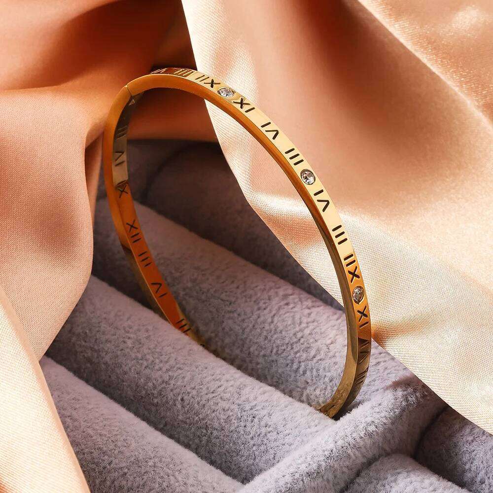 Hollow Roman Numerals Set With Diamonds, Popular Women's Bracelet, Fashionable Opening Buckle, Stainless Steel Jewelry XJ260127