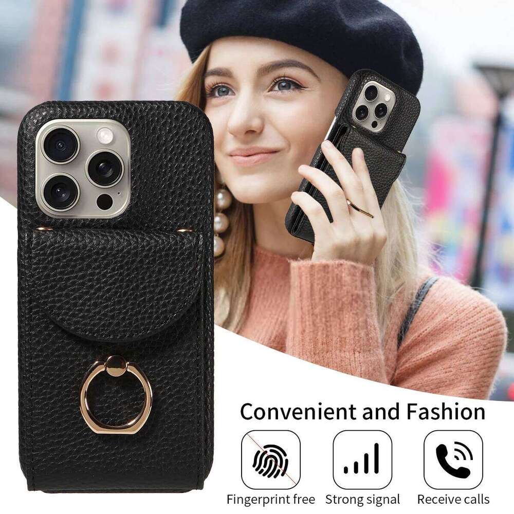 High Quality Ring Stand Lychee Pattern Phone Case for IPhone16promax15 14 13 Crossbody with Lanyard PU Leather Anti-fall Cover 26H0127