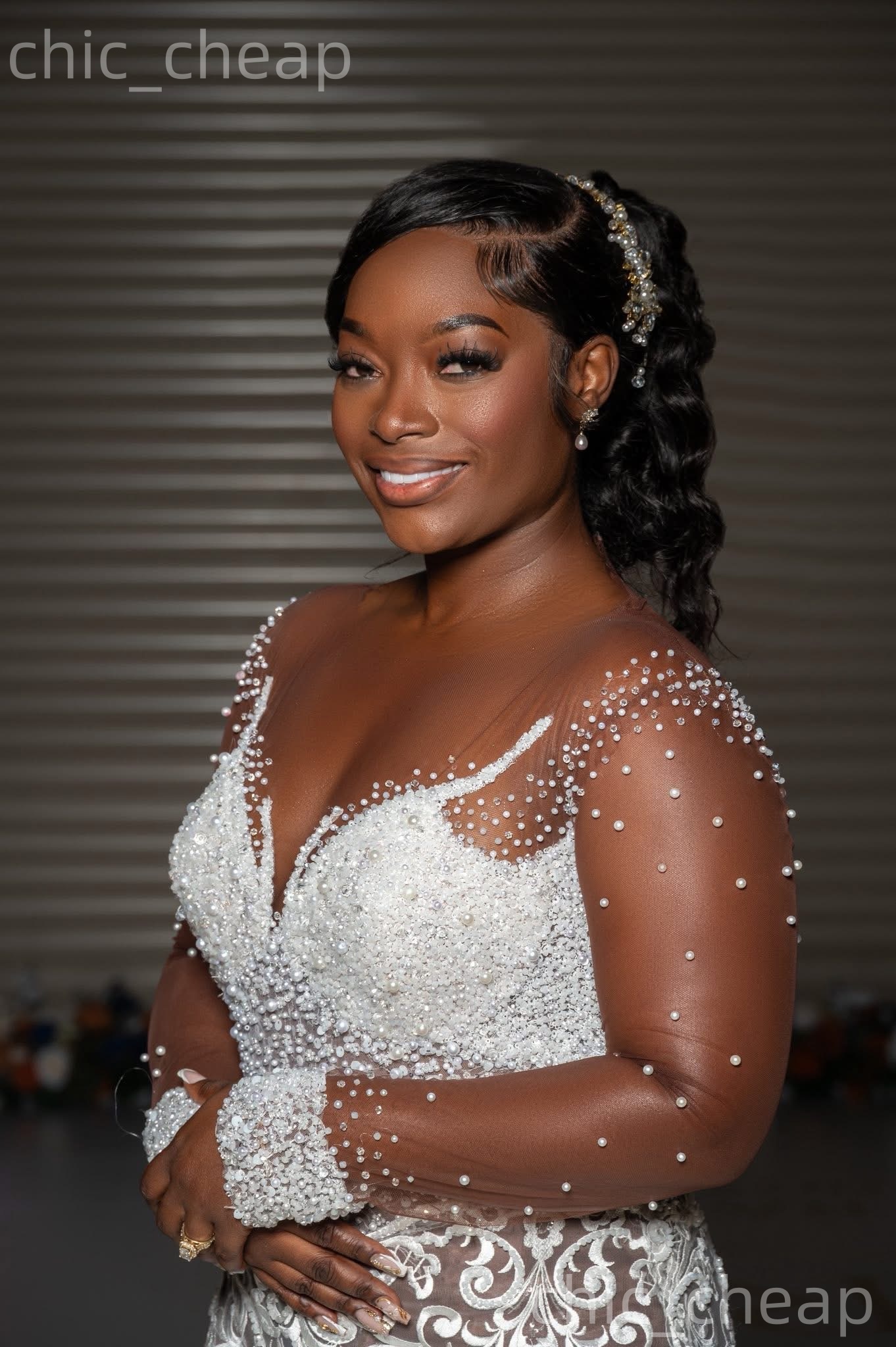 African Aso Ebi 2026 Ivory Mermaid Wedding Dress Illusion Pearls Beaded Tulle Detachable Train Vintage Charming Bridal Gowns Dresses ZJ2371