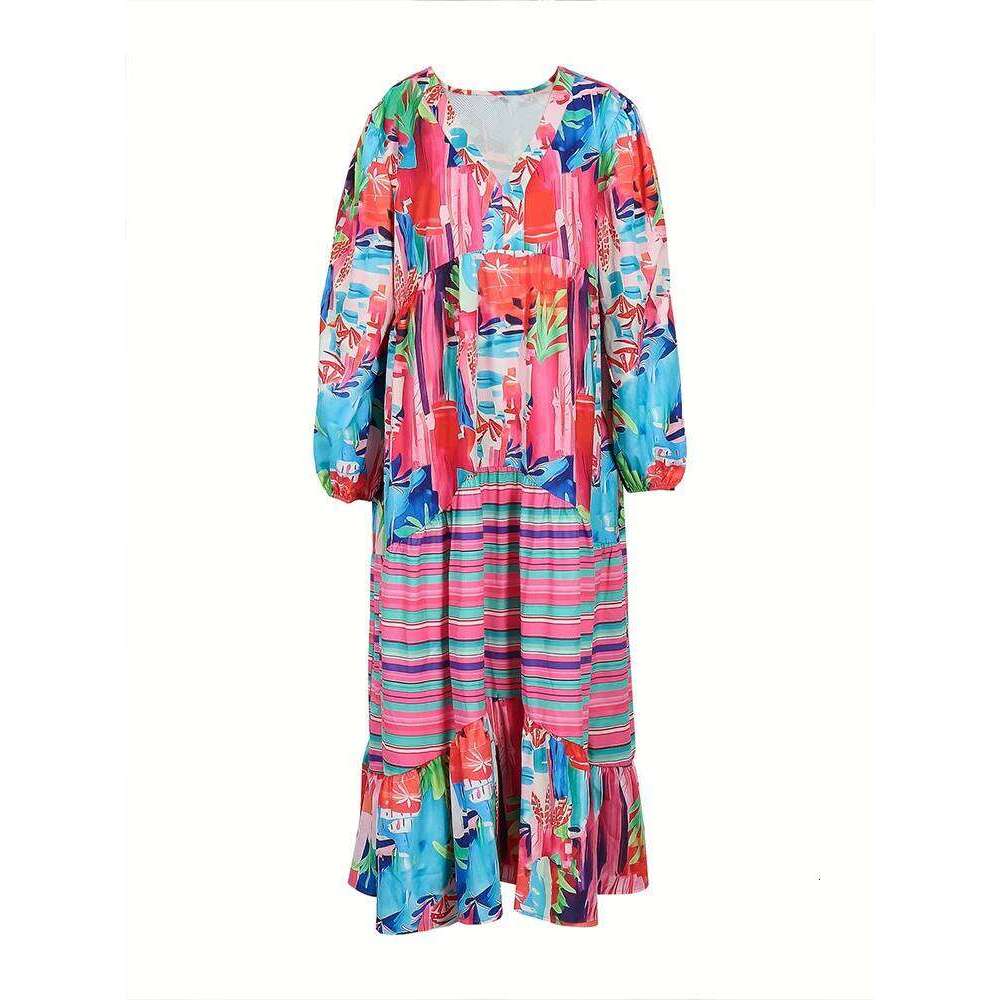 plus Size Women's Casual Dress Long Sleeve V-Neck Irregular Pattern Print Fall Winter New Personalized Apparel