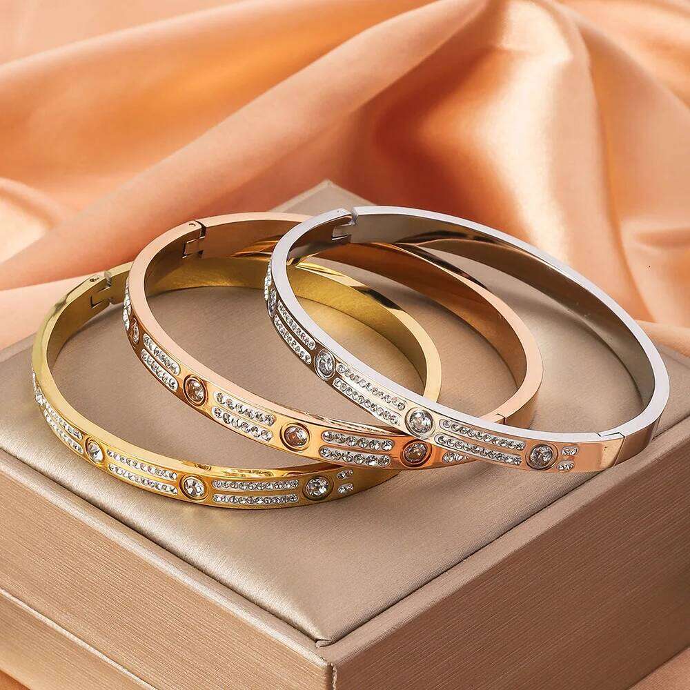 New Double Row Zircon Star Stainless Steel Bracelet, Women's Lightweight Luxury Fashion Hand Accessory XJ260127