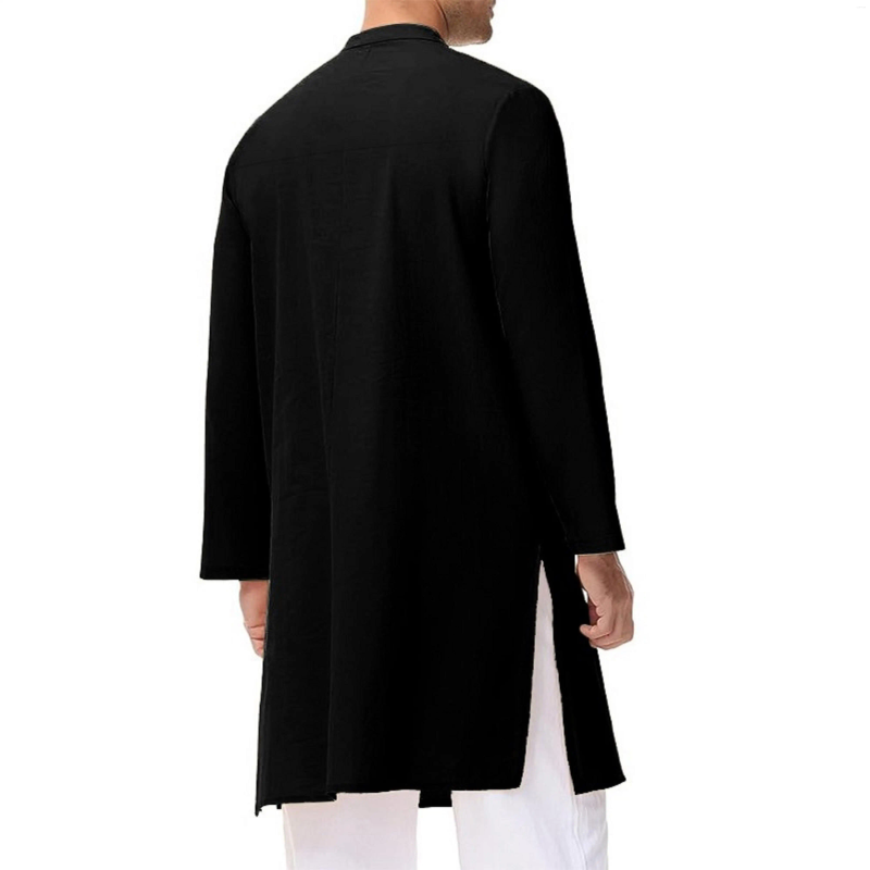 Ethnic Clothing Men's Stand-up Collar Black Muslim Robe Mid-length Personality Casual Fashion Solid Color Shirt Traditional