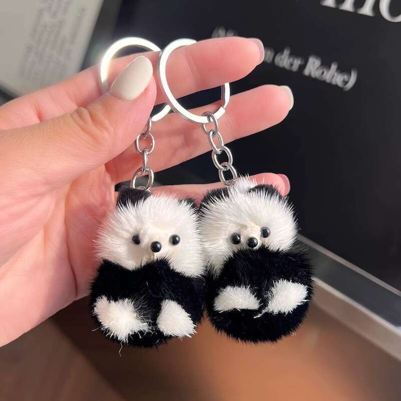 Cute Real Mink Fur Little Panda Car Keychain Pendant Plush Doll Backpack Decoration Small Gift S260126 730