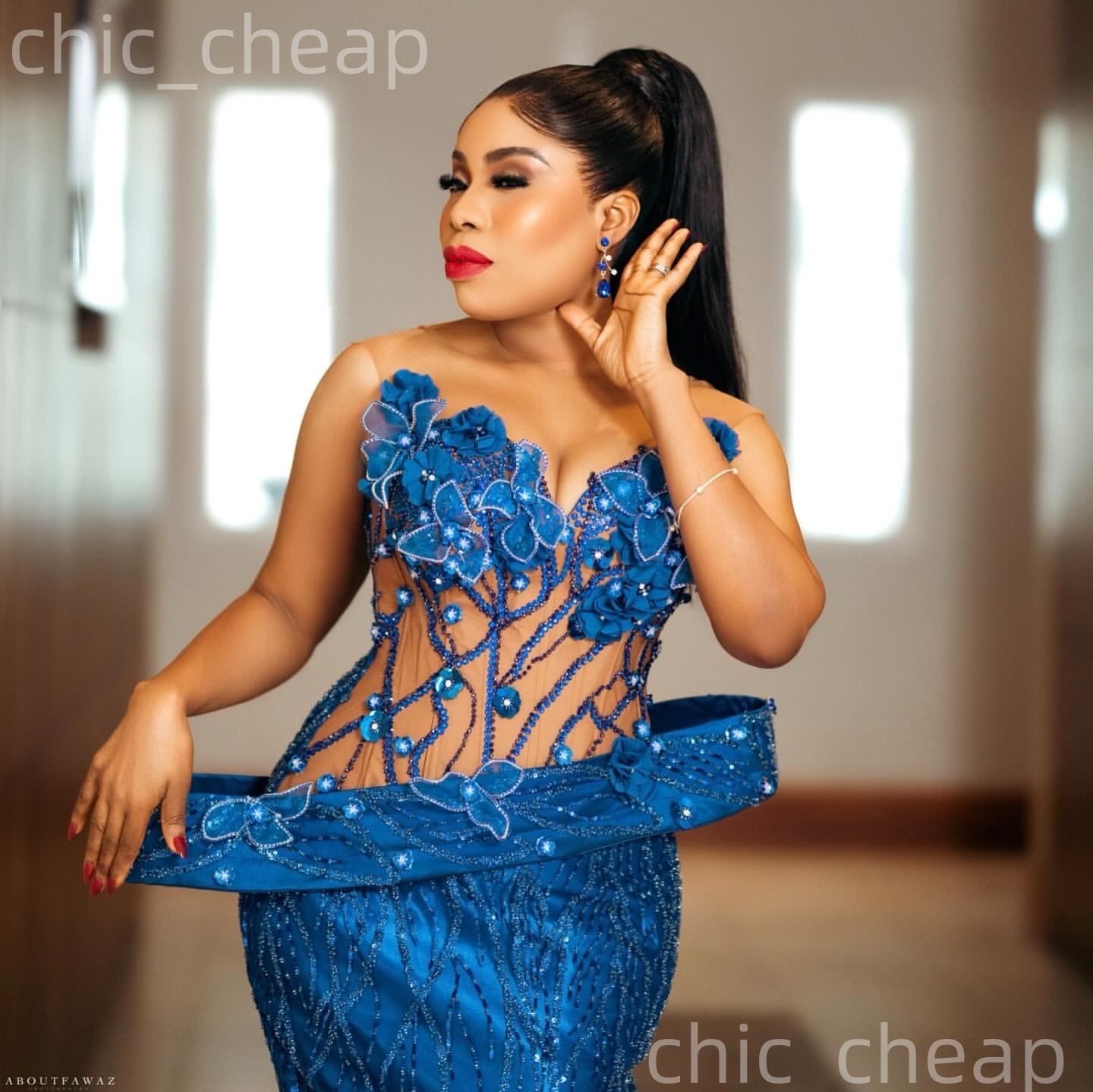 Aso Ebi Royal Blue Mermaid Prom Dresses 2026 Flowers Beaded Illusion Sequined Evening Formal Party Second Birthday Engagement Gowns Dress For Special 
