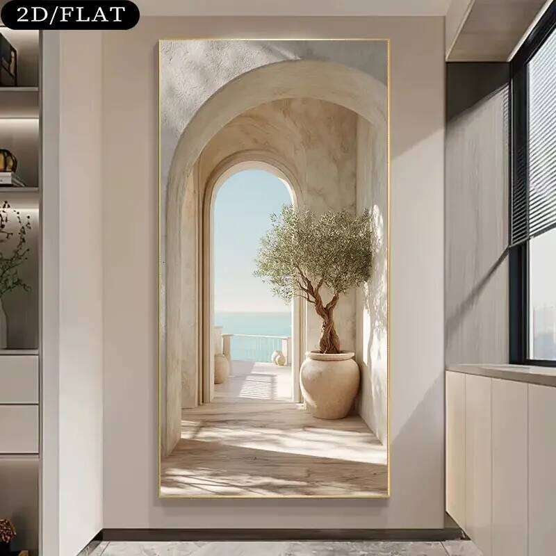 Large Frameless Coastal Mediterranean Olive Tree Arch Canvas Print - Island Inspired Beige & White Greek Vibe Wall Art, 31 26H0127 - view 5