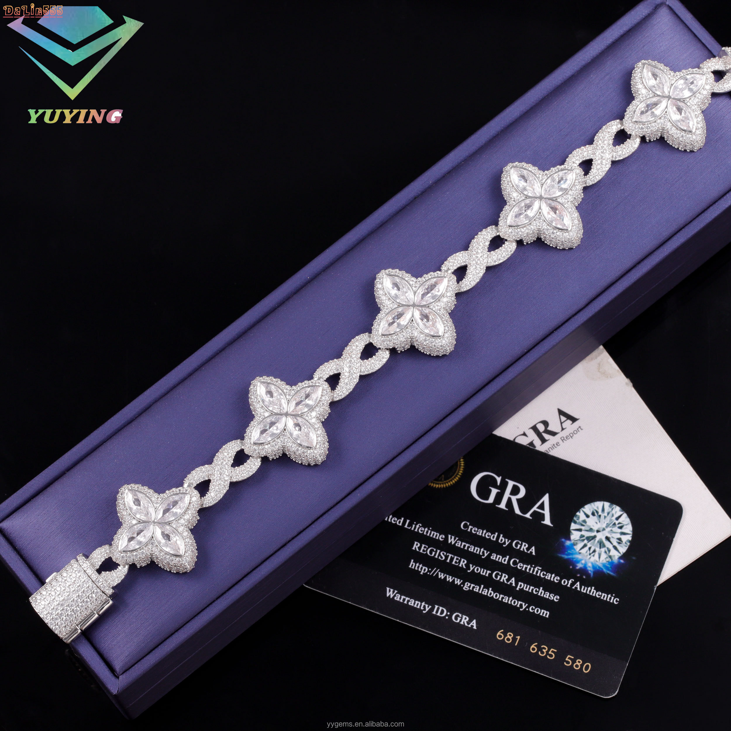 Popular Clover Bracelet Hip Hop Jewelry 925 Sterling Silver Gold Plated Men Bracelet Four Leaf Clover Moissanite Cuban Bracelet