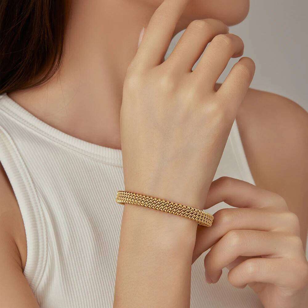 VQYSKO 8MM Woven Flat Mesh C-Shaped Open Bracelet Vintage Stainless Steel Chain Jewelry Women Men Gift Waterproof XJ260127