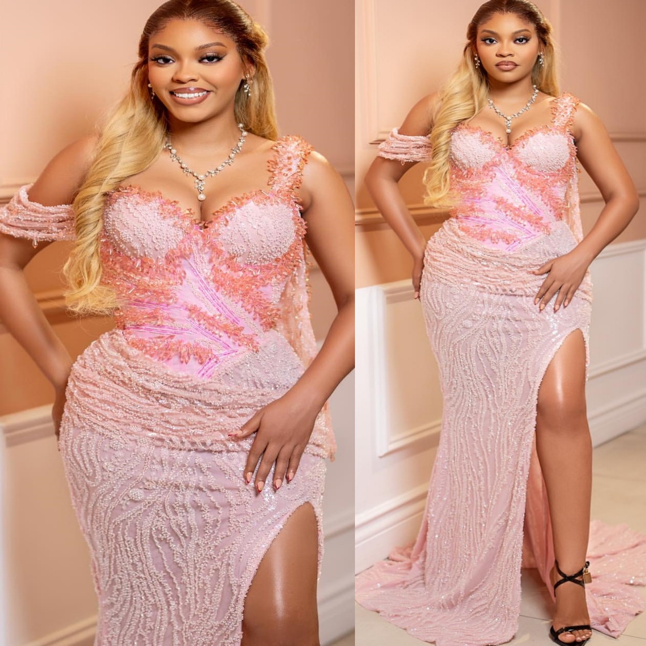 Aso Ebi Pink Mermaid Prom Dresses 2026 Beaded Rhinestones High Split Evening Formal Party Second Birthday Engagement Gowns Dress For Special Occasions