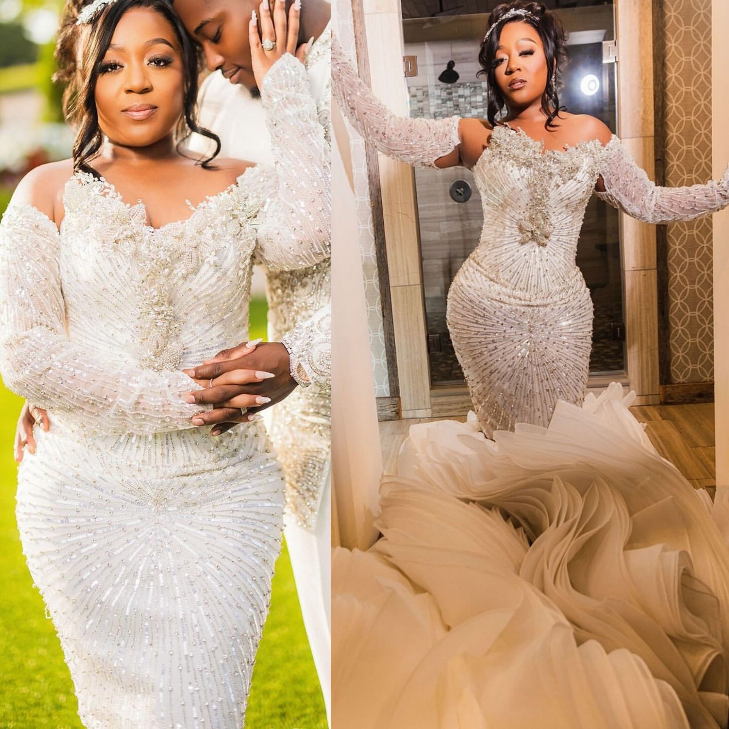 African Aso Ebi 2026 Ivory Mermaid Wedding Dress Sweetheart Crystals Sequined Tiers Detachable Train Elegant Bridal Gowns Dresses ZJ230