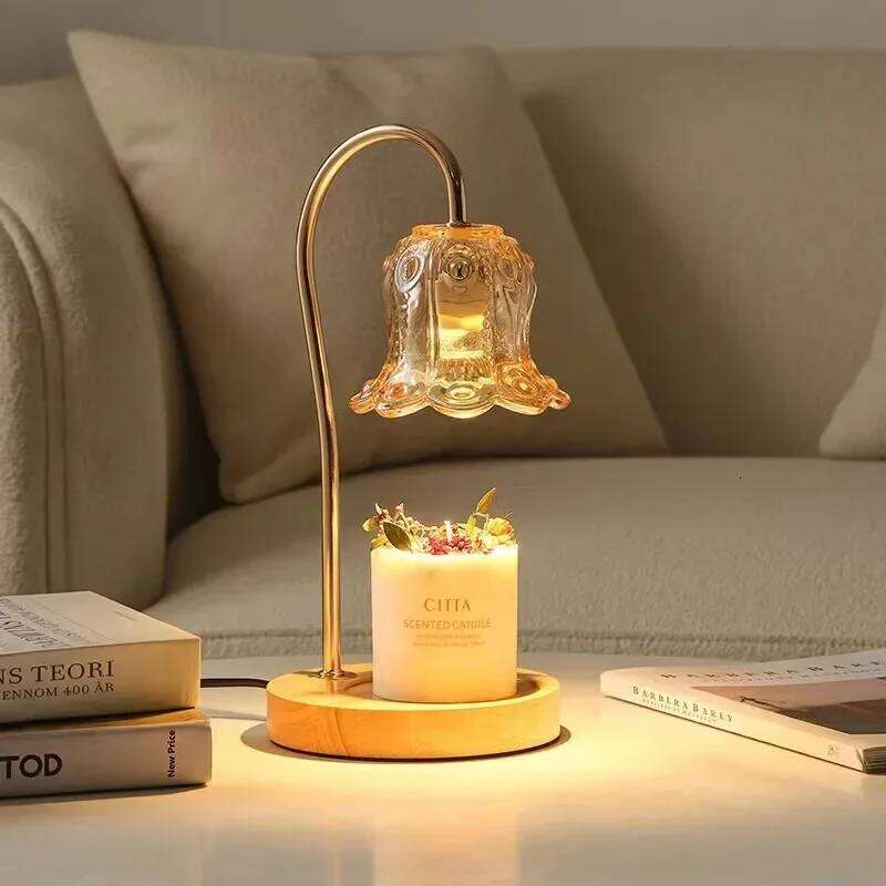 with 2 Bulbs Soft Brightness Create Ambiance in Any Room Modern Glass Flower Candle Lamp Warmer Wood Base Z260127