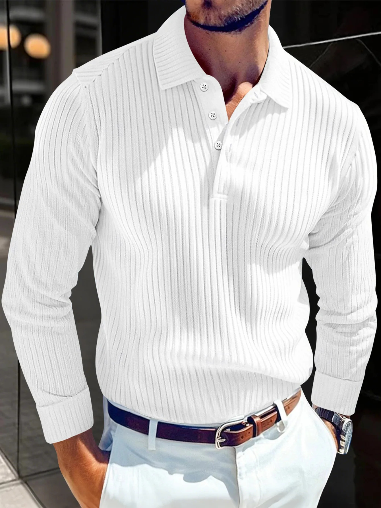 Spring and Autumn Men Solid Color Striped Button Knitted Collar Long Sleeve Top Business Casual Breathable Polo Shirt 260127