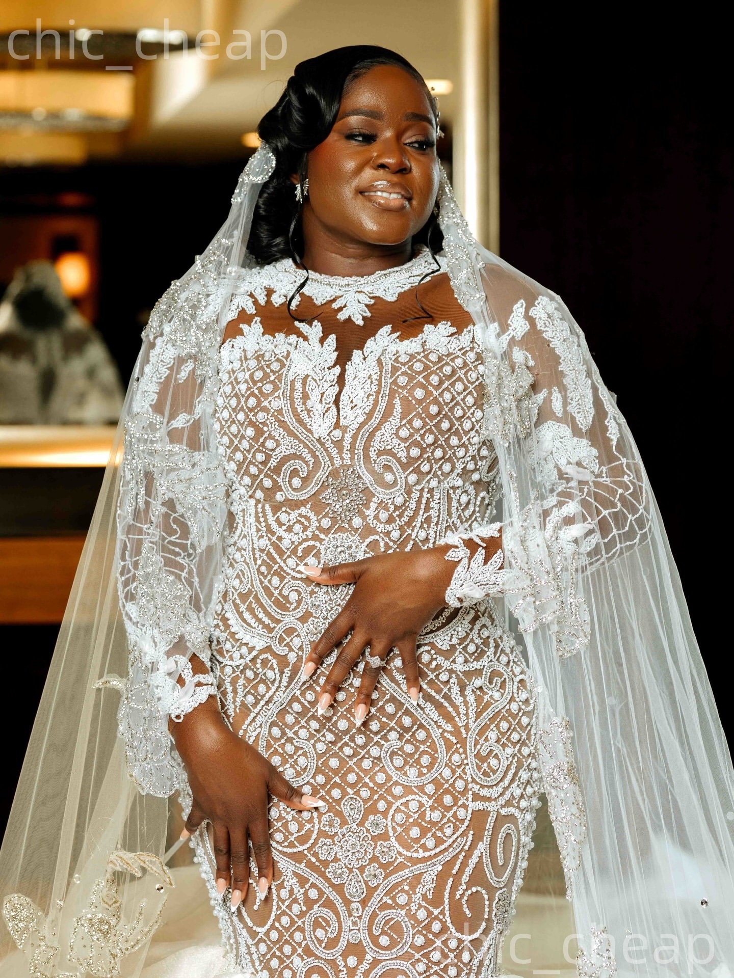 African Aso Ebi 2026 Ivory Mermaid Wedding Dress Illusion Beaded Crystals Sheer Neck Sequined Tiers Sparkly Gorgeous Bridal Gowns Dresses ZJ230