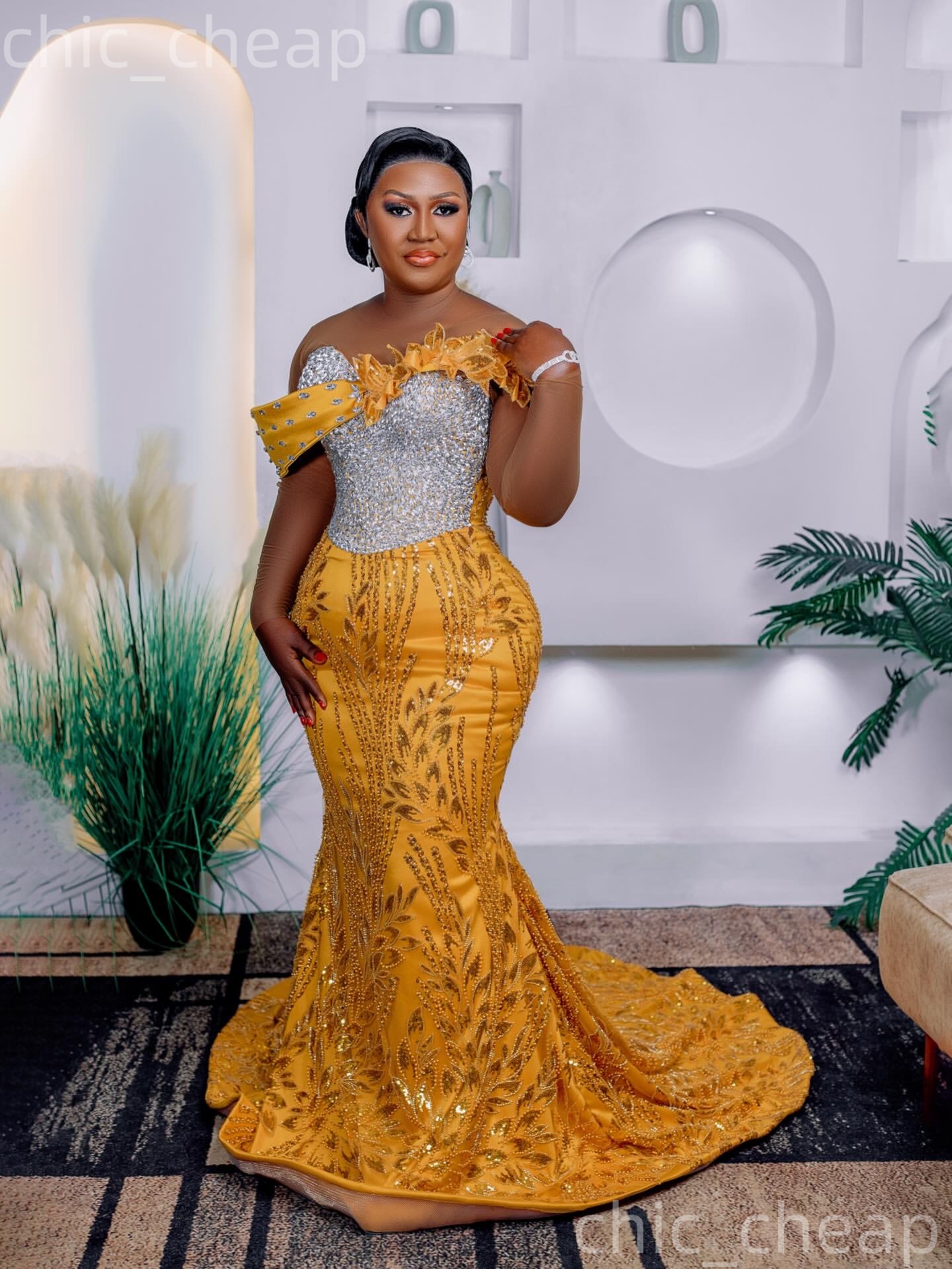 Aso Ebi Gold Mermaid Prom Dresses 2026 Crystals Flowers Long Sleeves Sequined Evening Formal Party Second Birthday Engagement Gowns Dress For Special 