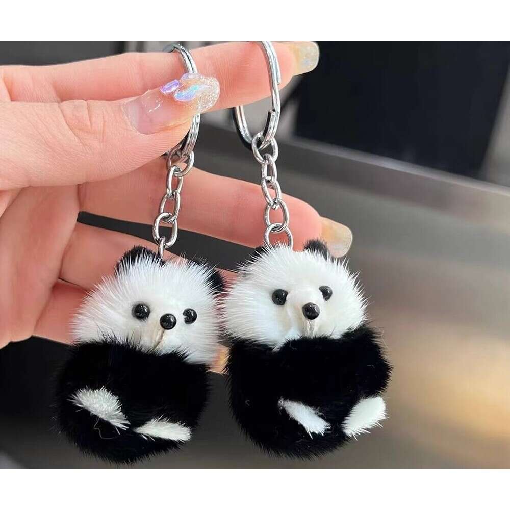 Cute Real Mink Fur Little Panda Car Keychain Pendant Plush Doll Backpack Decoration Small Gift S260126 1cf