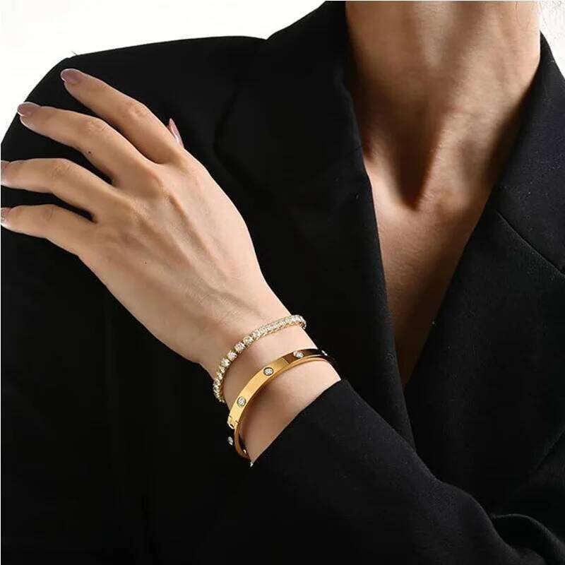 2Pcs/Set 18K Gold Plated Dainty Love Bangle Bracelets 4/6mm Cubic Zirconia Classic Tennis Bracele for Women XJ260127