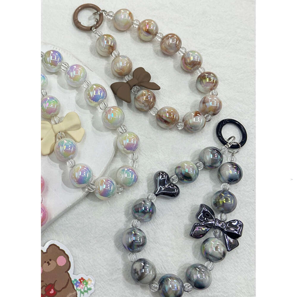 Korean Style Bowknot Handheld Chain Fashion Gradient Phone Case Shockproof Pendant Electroplated Two-tone Beaded Decoration S260126 7b7