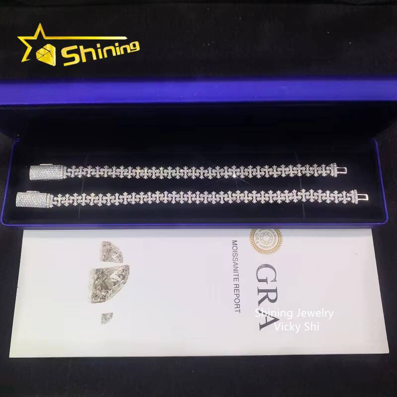 Fine Jewelry Hip Hop Iced 8mm Moissanite Cross Bracelet Pass Tester 925 Silver VVS Moissanite Diamond Cuban Link Chain