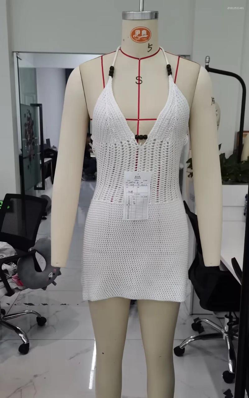 Casual Dresses Doury Women Y2k Fairy Sexy Backless Halter Mini Dress Summer Knit Crochet Cutout Party For Beach Club Streetwear