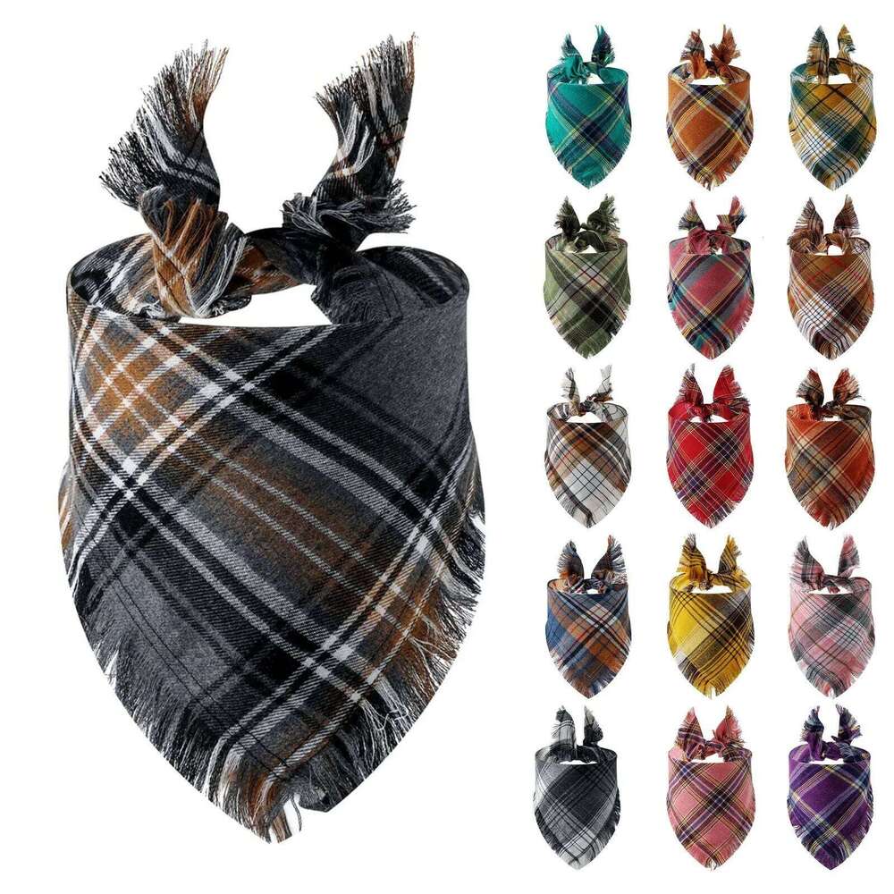 Trendy Pet Bandana with Tassels Edges Classic Plaid Scarf Funny Dog Apparel Accessories Christmas Party Dress-Up Photo Prop