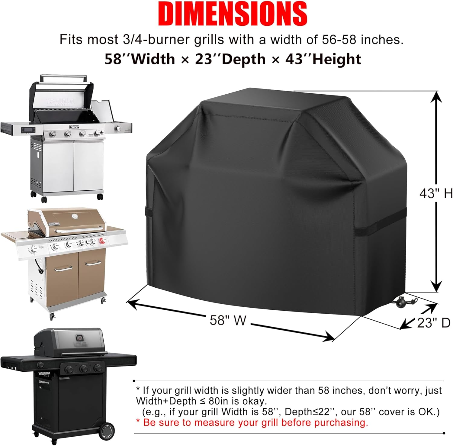 Grill Cover, 58 inch BBQ Gas Grill Cover for Outdoor Grill, Waterproof, Anti-UV, Rip-Proof, Fade Resistant Material, Barbecue Cover with Hook-and-Loop