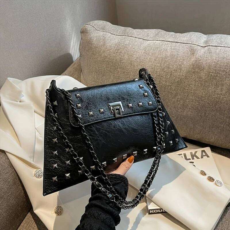 Chic Vintage Rivet Crossbody Bags for Woman Soft Leather Messenger Bag, Adjustable Strap, Kiss Lock Closure, Solid Color Ita Bag