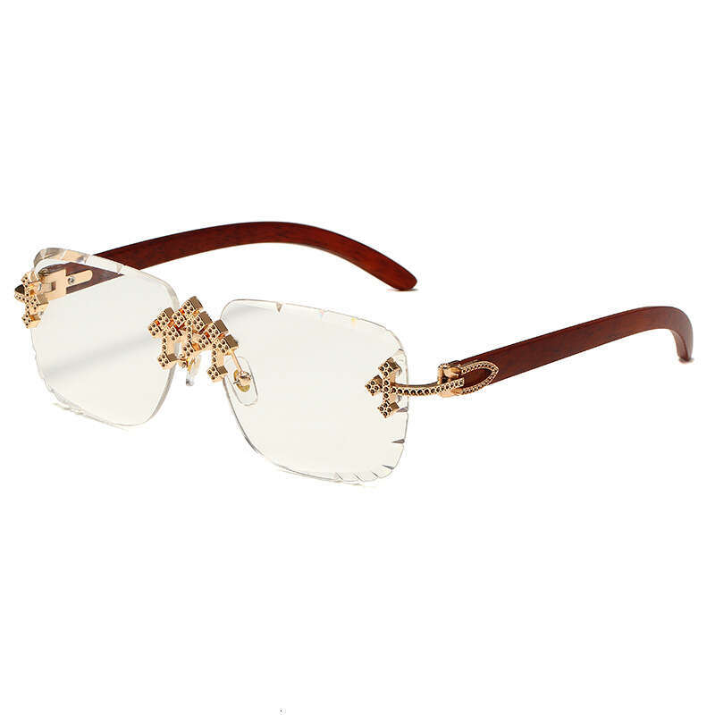 Sunglasses Cross Diamond Accented Rimless Metal Frame with Starry Sky Design and Wood Grain Temples for Driving and Vacation High Quality Texture