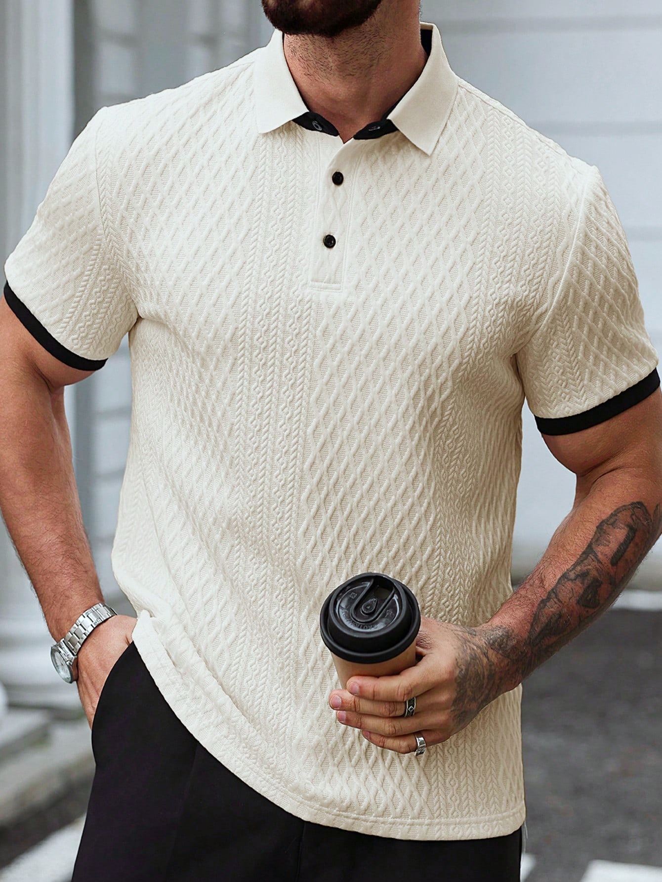 2026 Summer New Men's Simple Color Block Polo Shirt Button Down Collar Knitted Fabric Short Sleeve Top Apricot and White