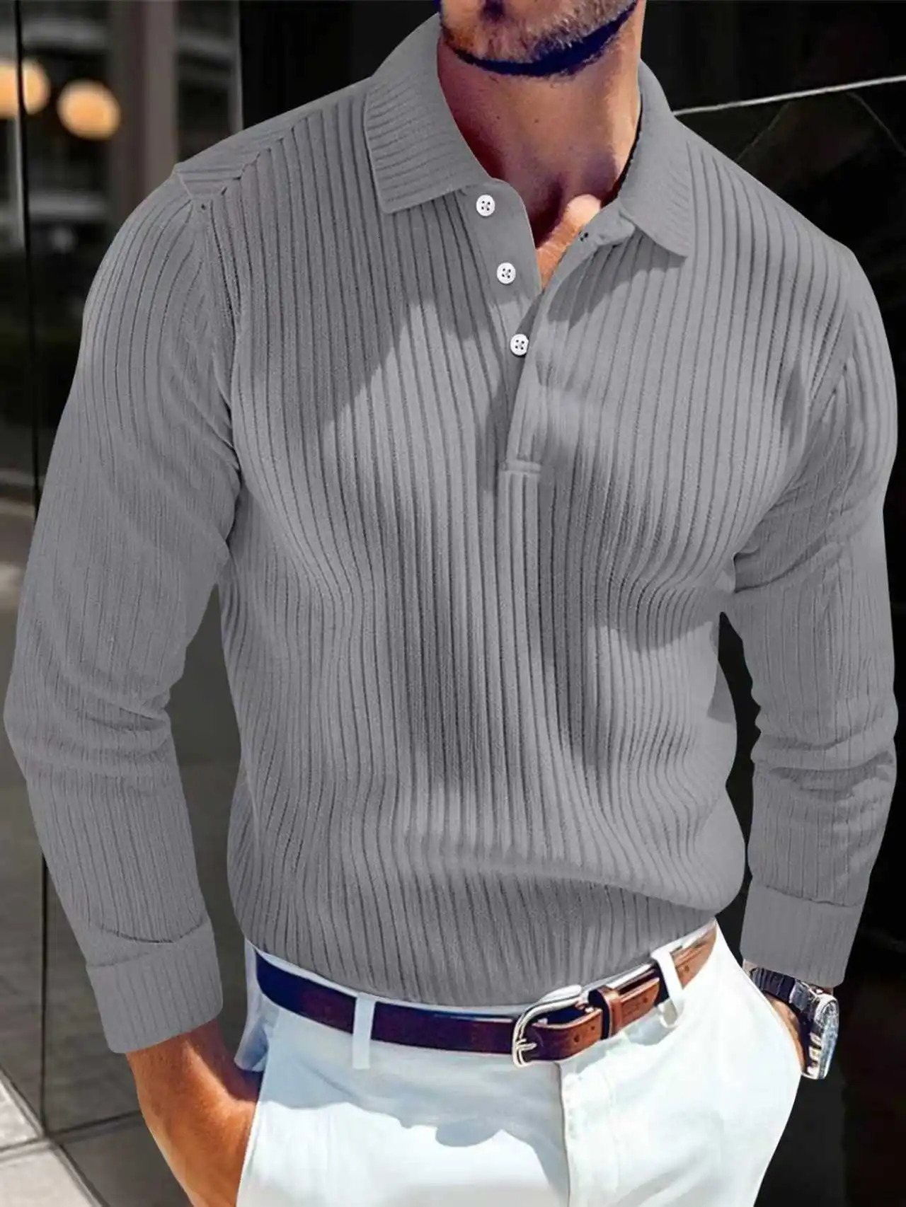 Spring and Autumn Men Solid Color Striped Button Knitted Collar Long Sleeve Top Business Casual Breathable Polo Shirt 260127